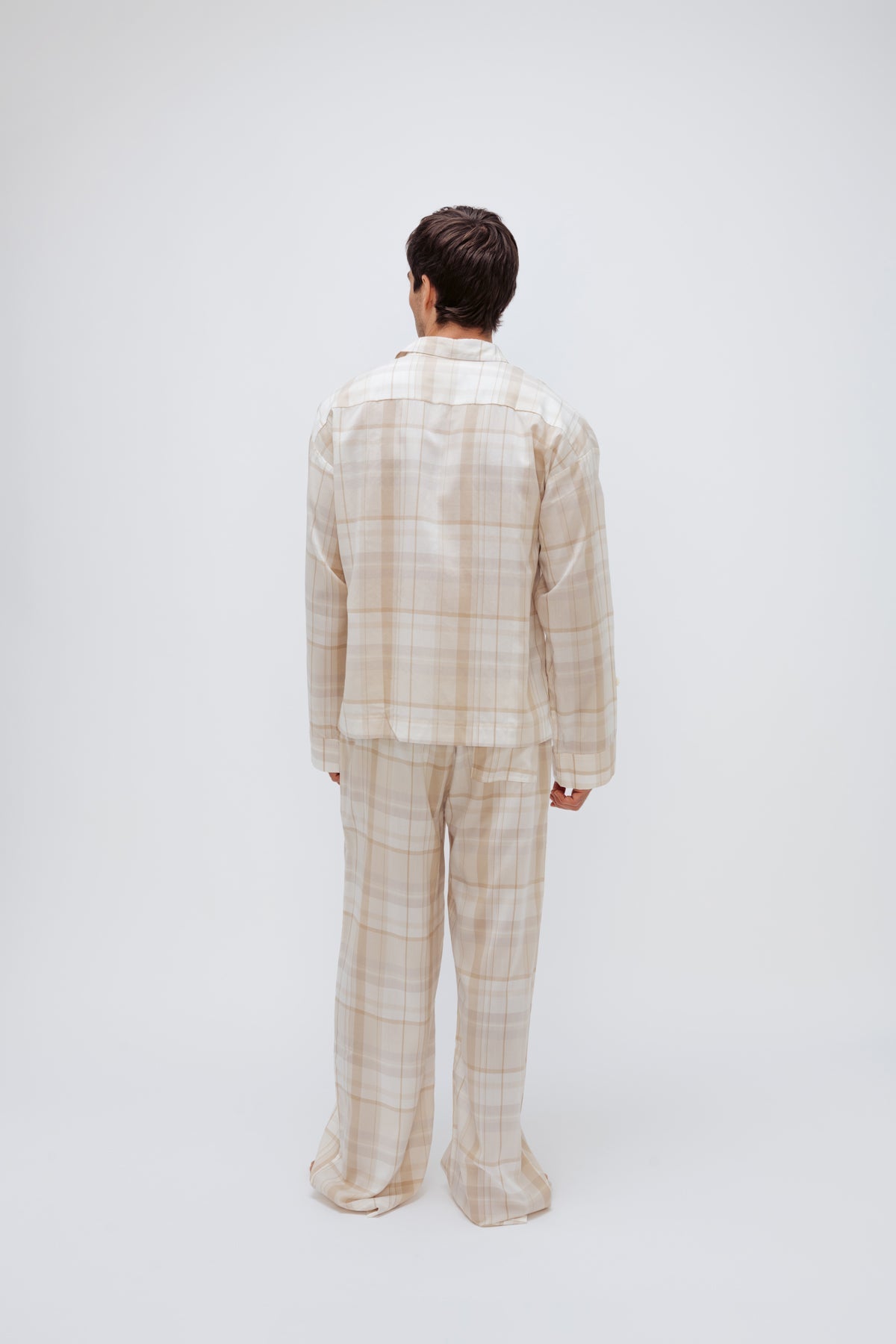 Long Sleeve Sleep Shirt and Long Sleep Pants in Oat Check Macel worn by male model, back view