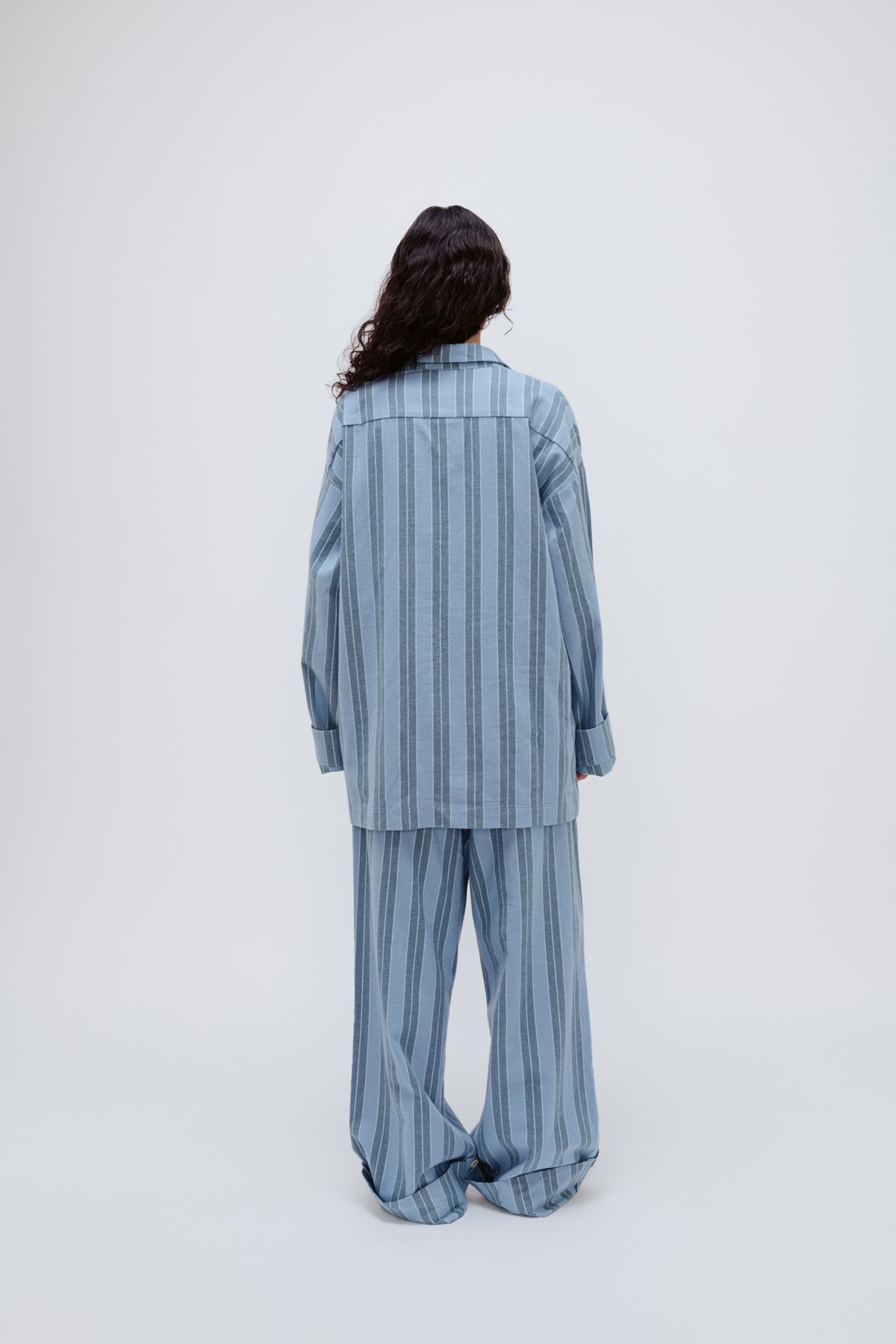 Long Sleeve Sleep Shirt and Long Sleep Pants in Daybreak Stripe Flannel worn by female model, back view