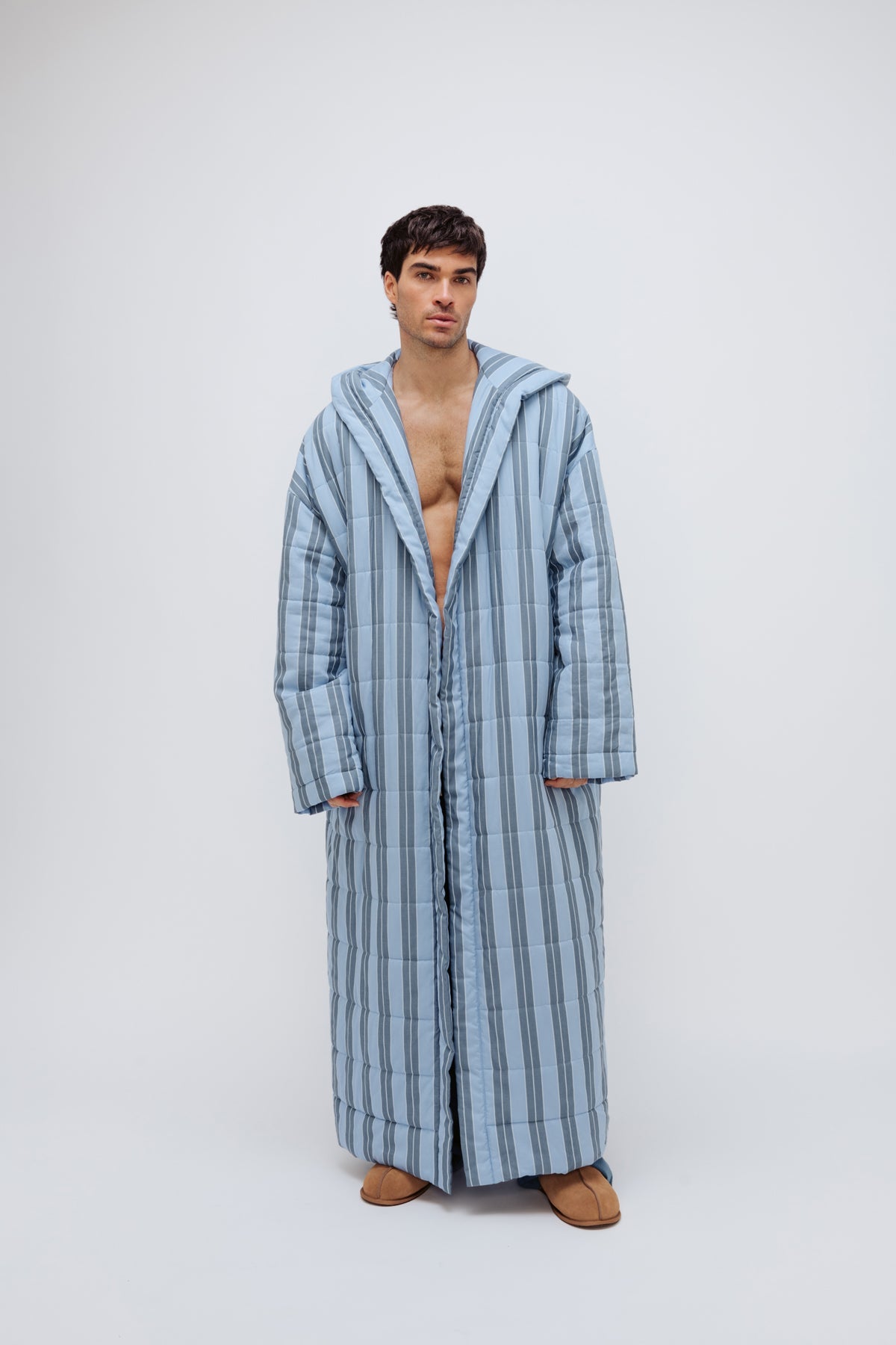 Long Doona Robe in Daybreak Stripe worn by male model front view showing super long length of robe