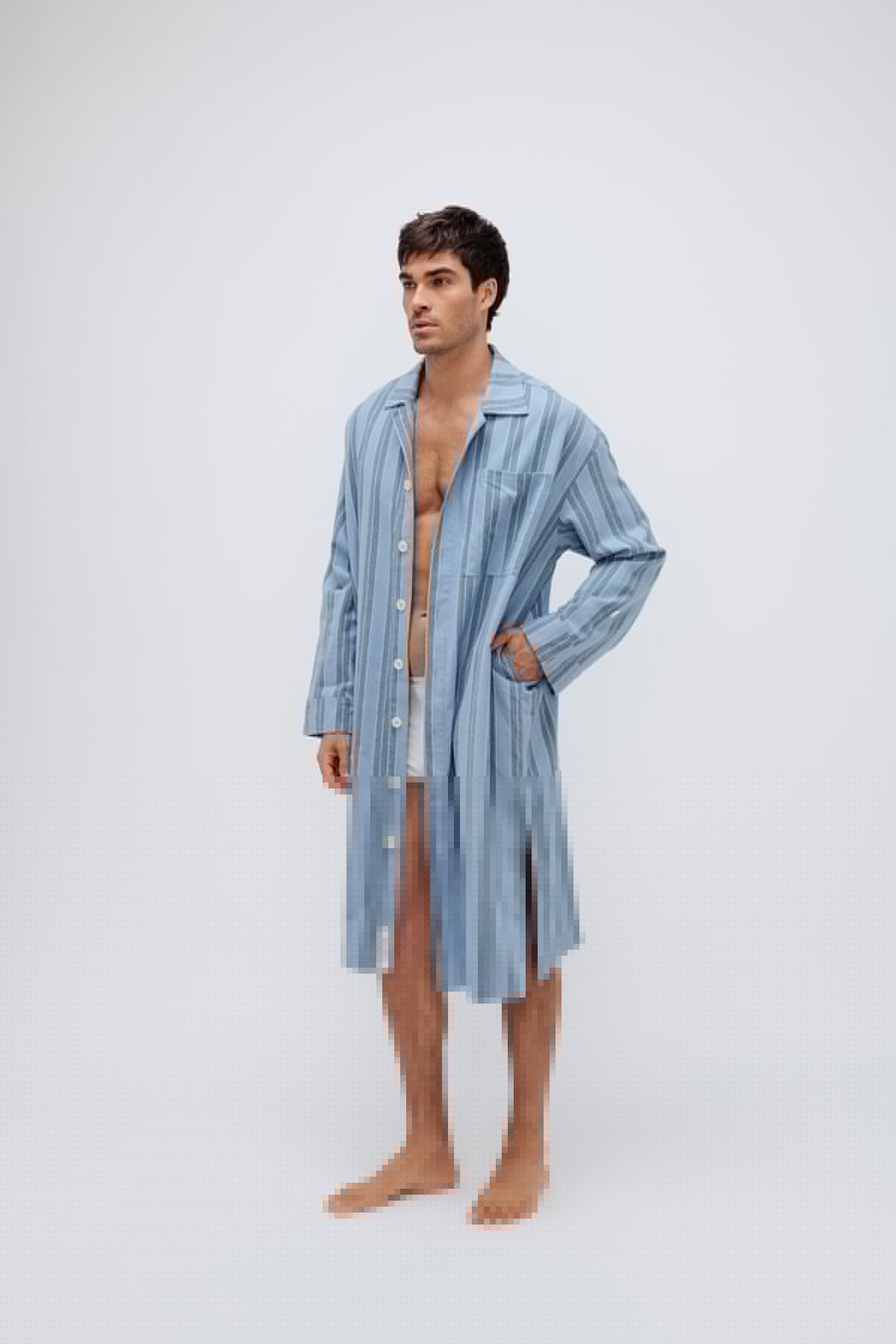 Blue Daybreak Stripe Long House Shirt in Brushed Cotton Flannel worn by male model over men's original briefs in white, standing with one hand on hip