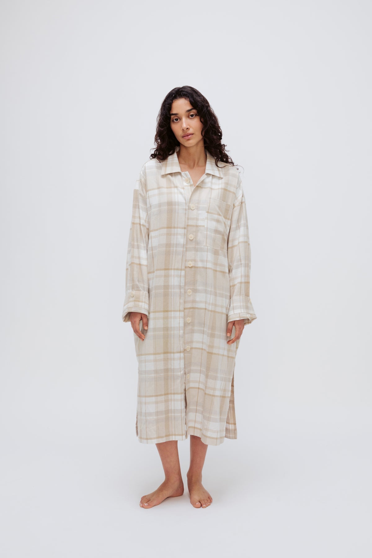 Oat Check House Shirt worn by female model, standing front view showing adjustable sleeve lengths