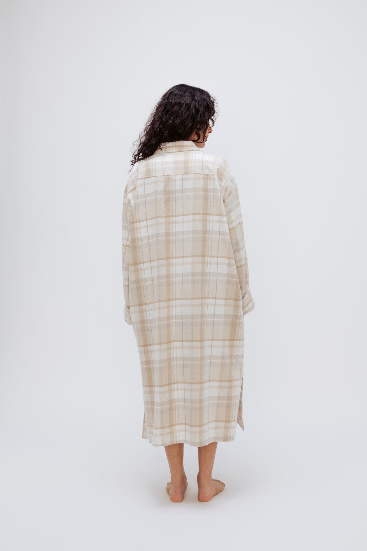 Oat Check House Shirt worn by female model, standing back view