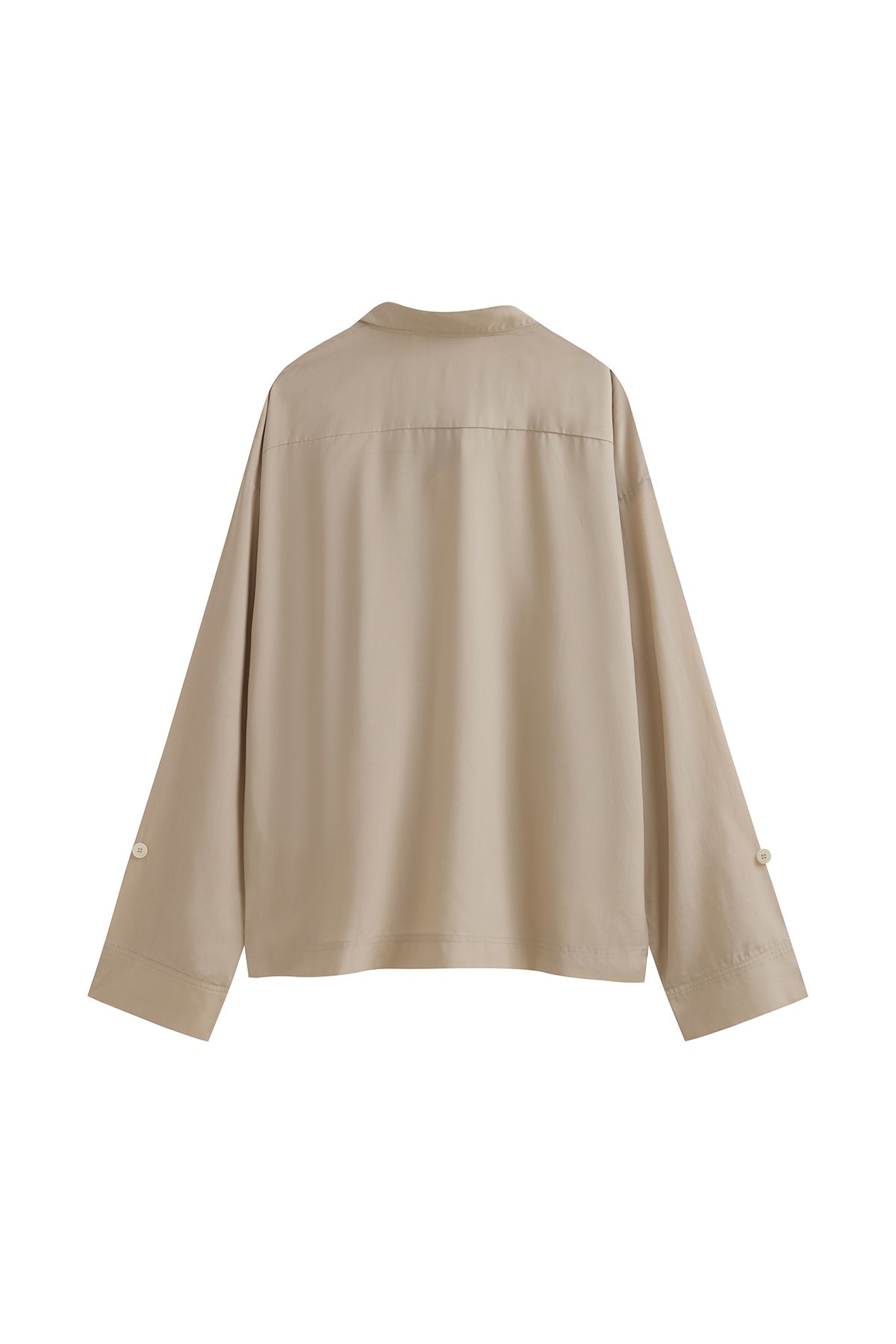 Lightweight and breathable, this oat long sleeve sleep shirt offers year-round comfort. Shirt back view.