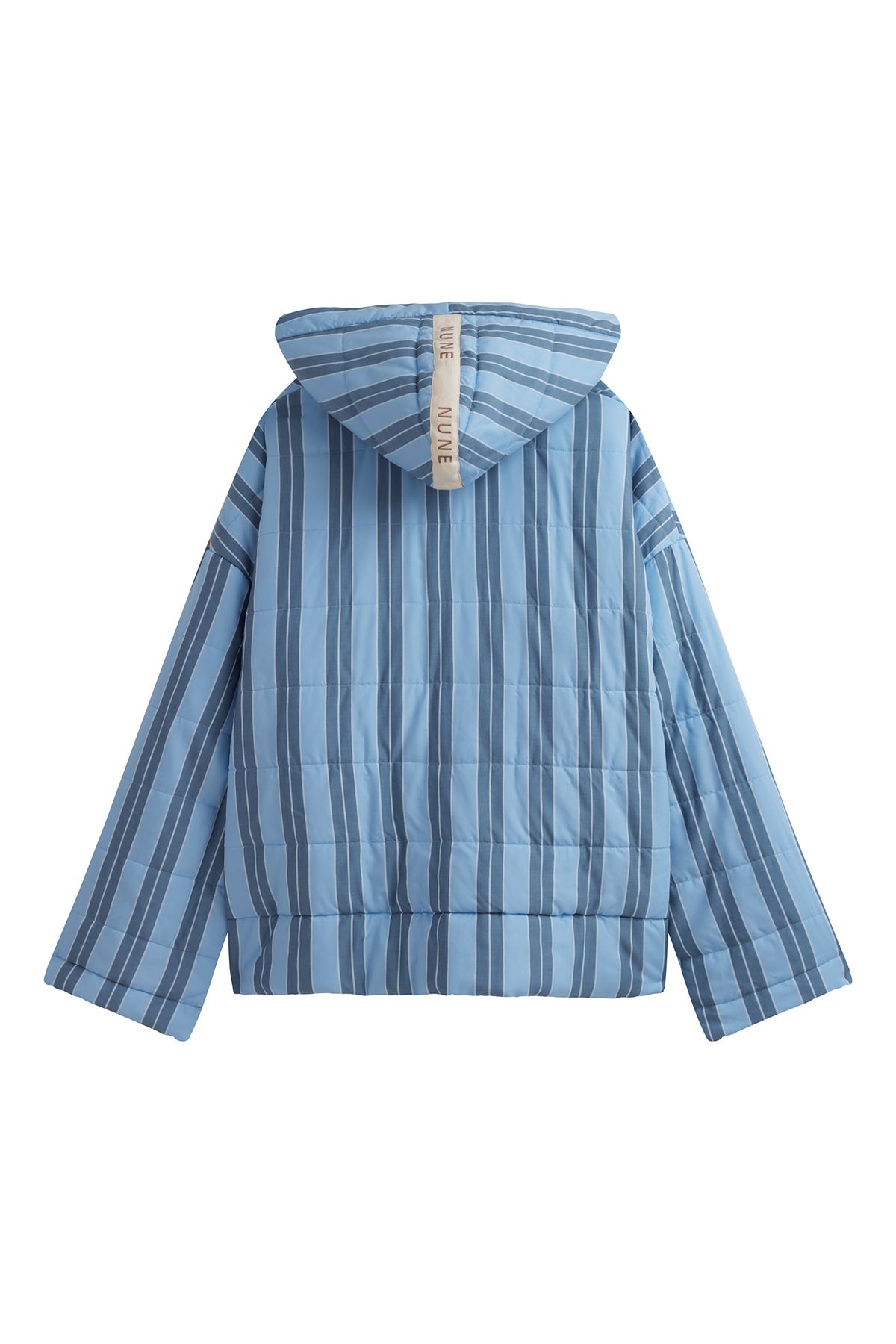 Daybreak Stripe Short Doona Robe back view showing hood and Nune label