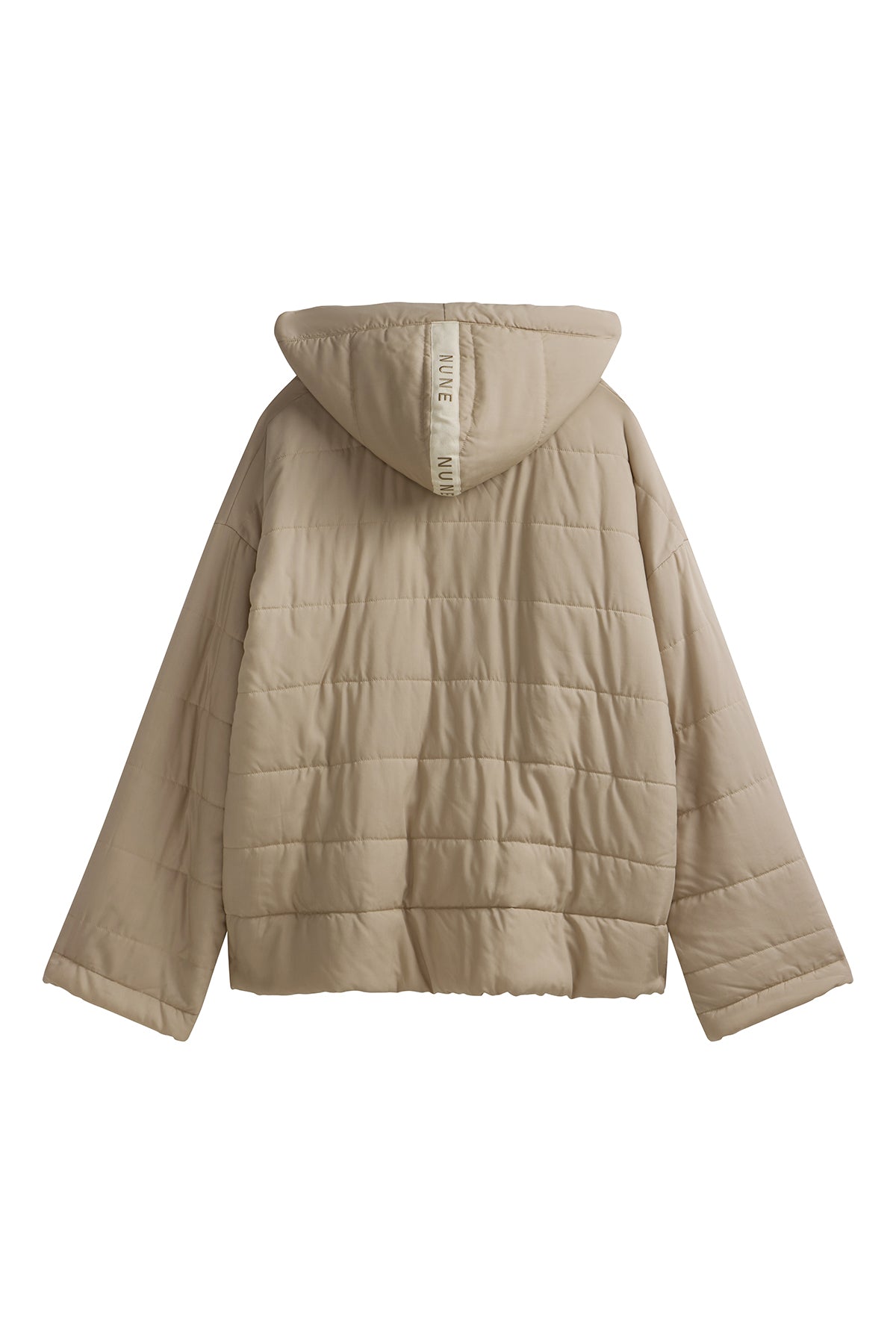 Oat Short Doona Robe back view showing NUNE label on hood and duvet finish
