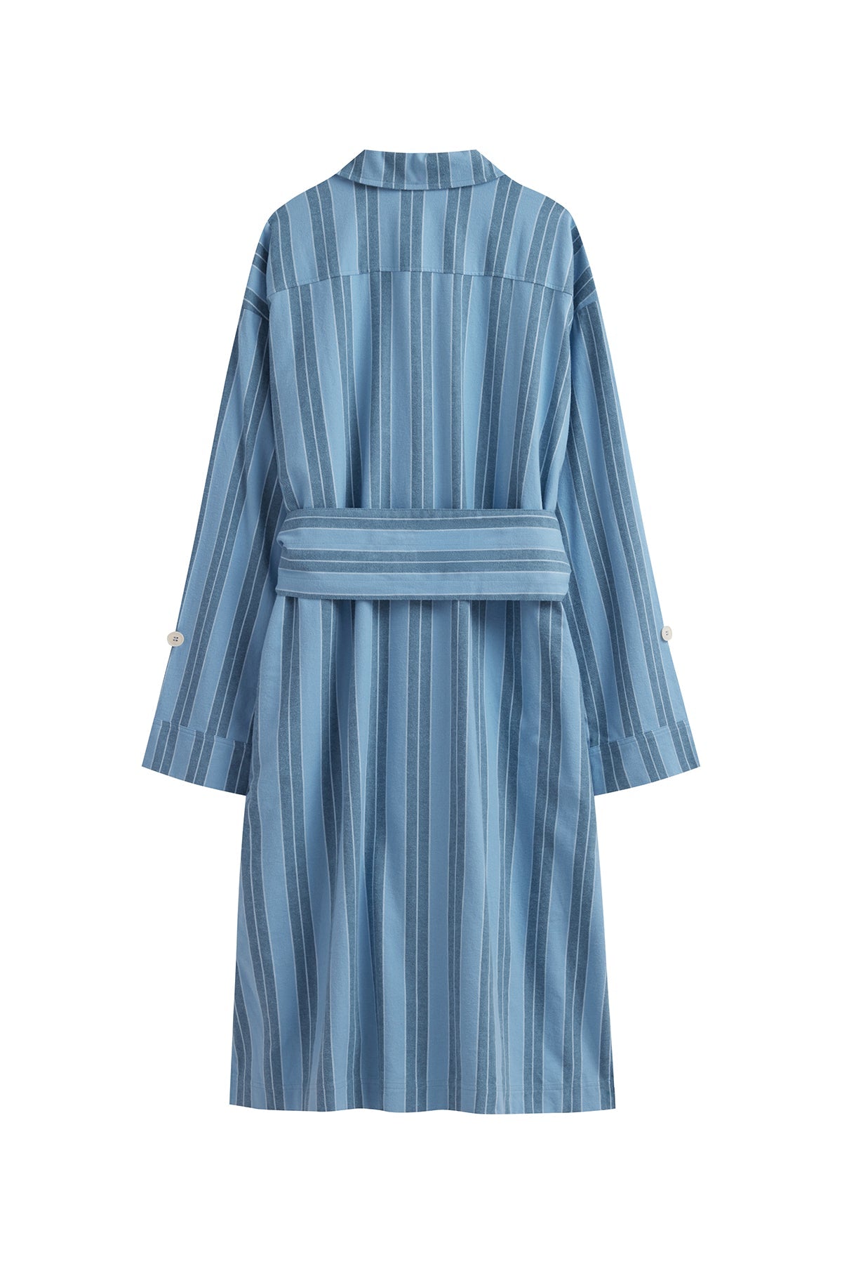Back view of Blue Daybreak Stripe Long House Shirt in Brushed Cotton Flannel with removable tie