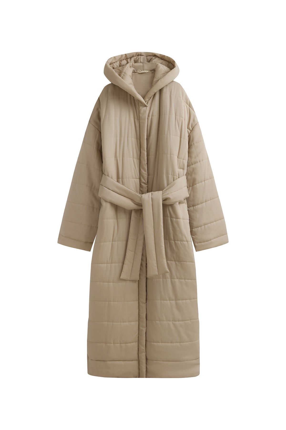 Oat Long Doona Robe front view showing pockets, hood and removable waist tie