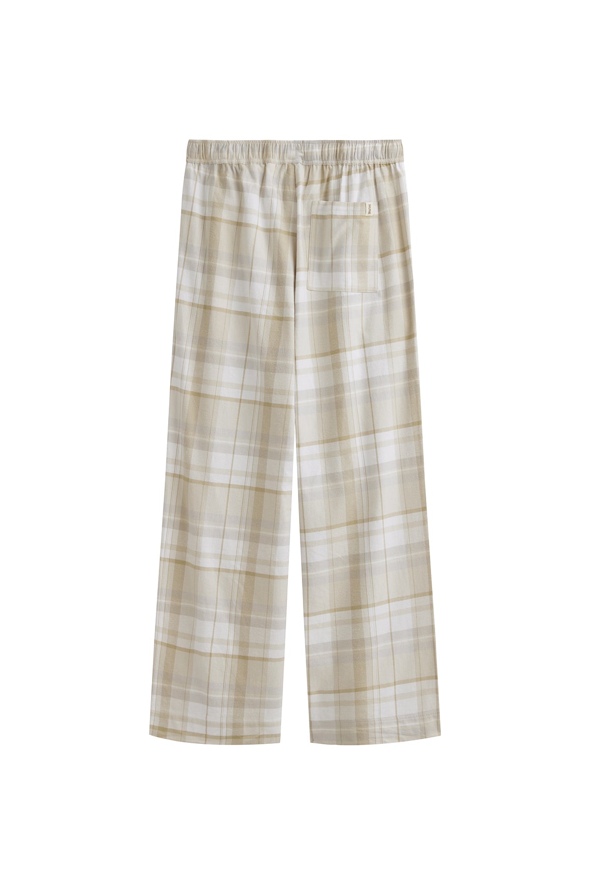 The flannel sleep pant in Oat Check. Adjustable length, a natural waist tie, and functional pockets make it a practical sleepwear essential. Back view showing single back pocket.