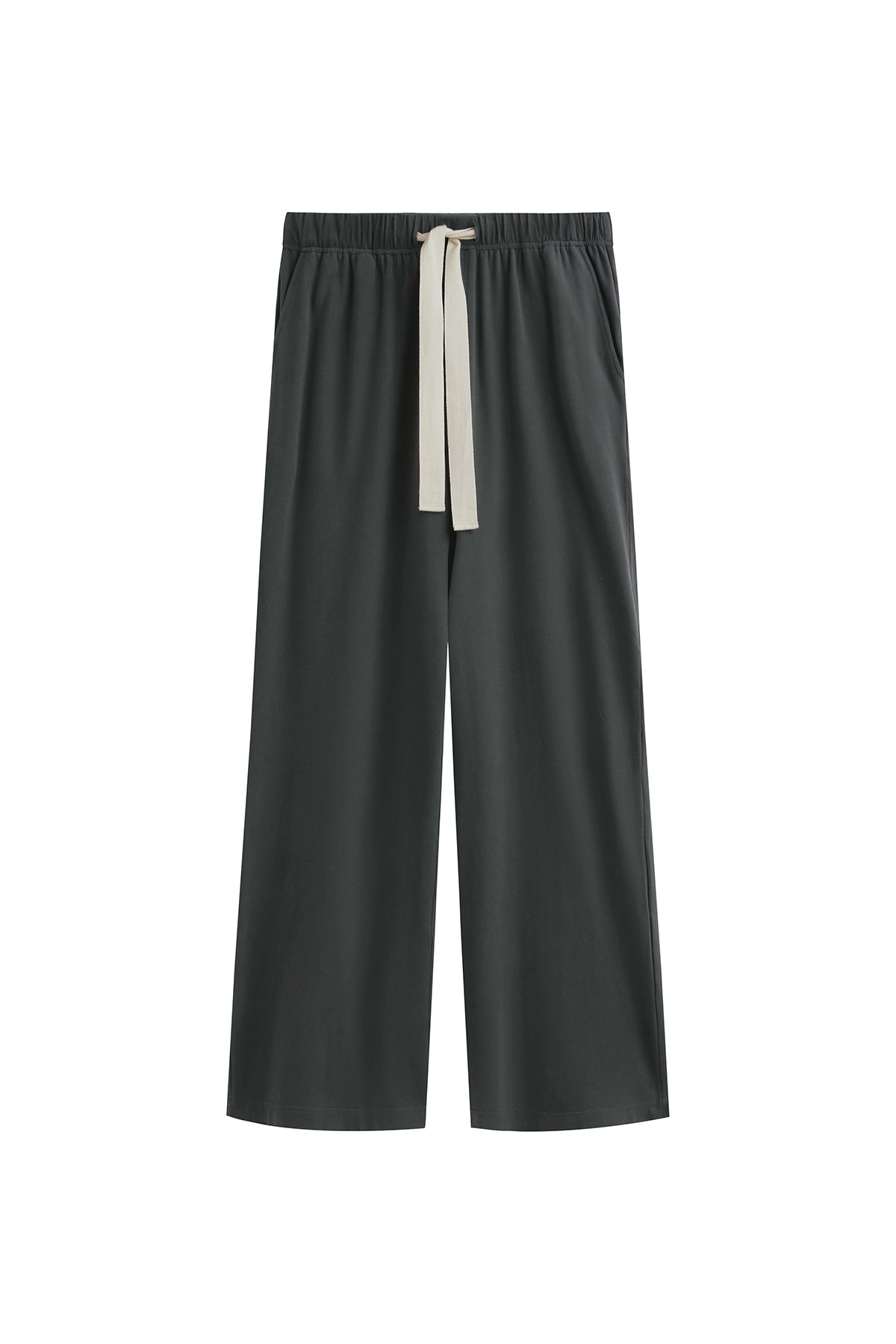 Cosy Pant in Charcoal, front view showing natural cotton waist tie and front pockets