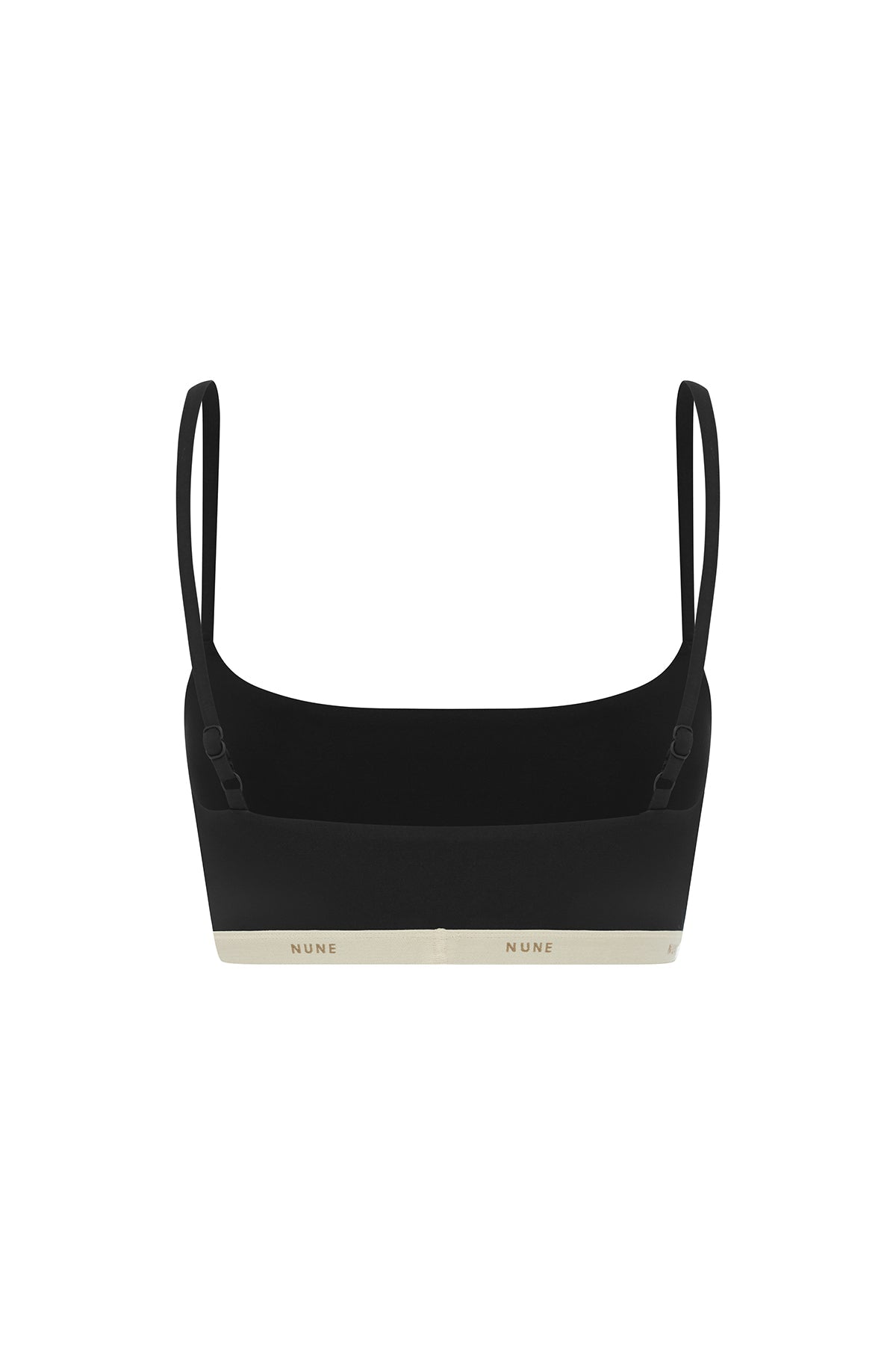 The Square Neck Bralette in black. Back view showing adjustable straps and NUNE soft elastic under bust