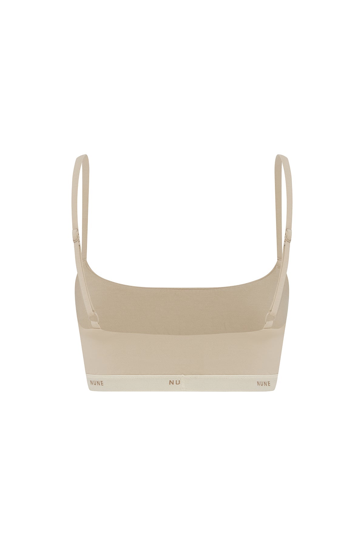 The Square Neck Bralette in latte. Back view showing adjustable straps and NUNE soft elastic under bust