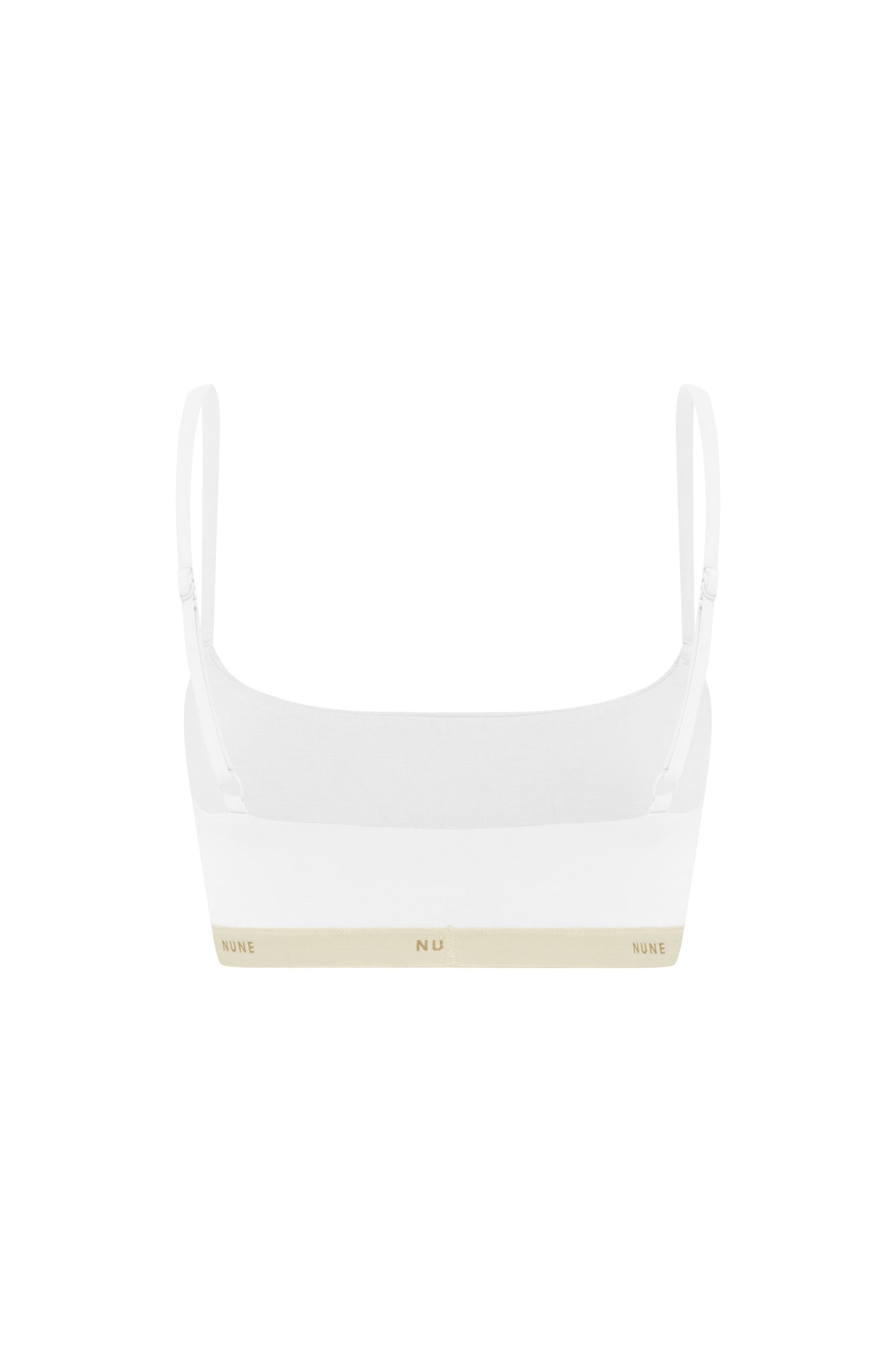 The Square Neck Bralette in white. Back view showing adjustable straps and NUNE soft elastic under bust