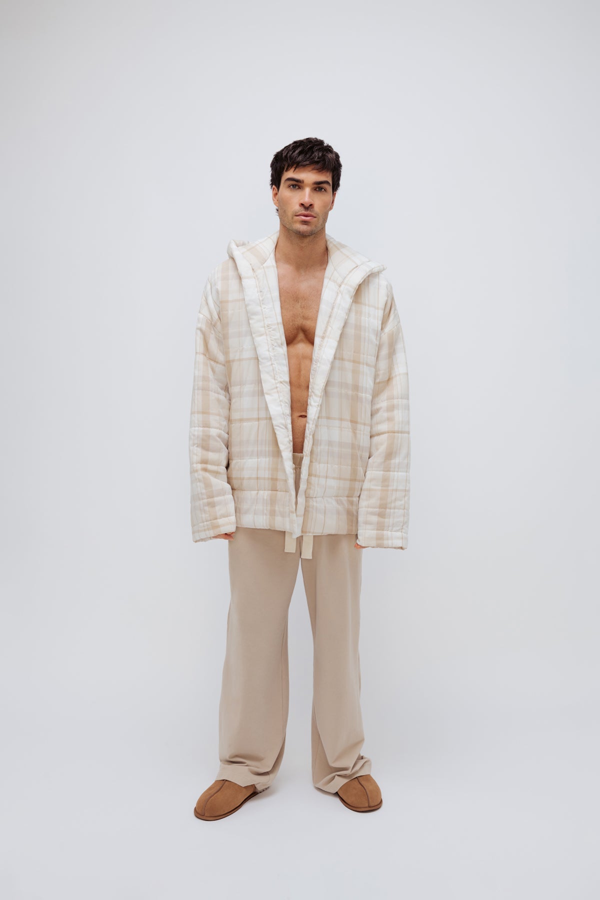 Oat Check Short Doona Robe and Cosy Pant in Oat worn by male model standing front view 