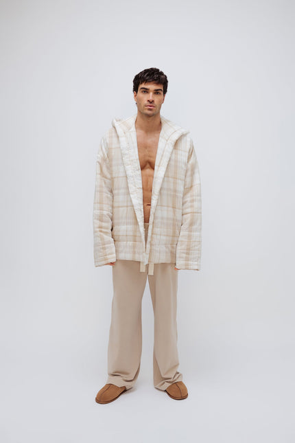 Oat Check Short Doona Robe and Cosy Pant in Oat worn by male model standing front view 