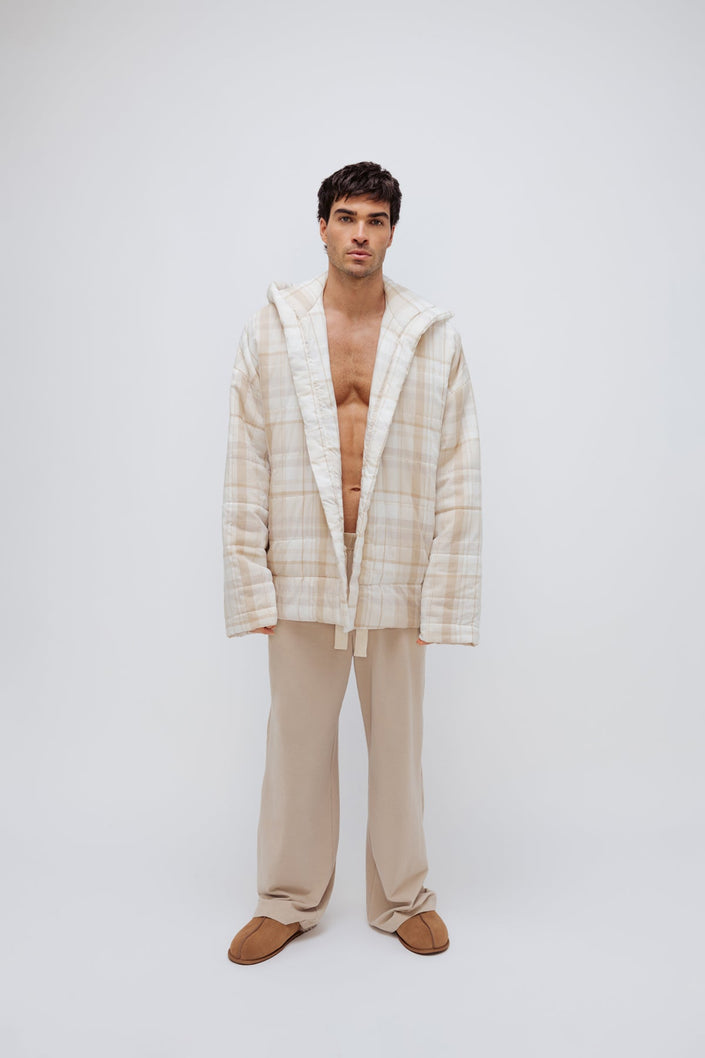 Oat Check Short Doona Robe and Cosy Pant in Oat worn by male model standing front view 
