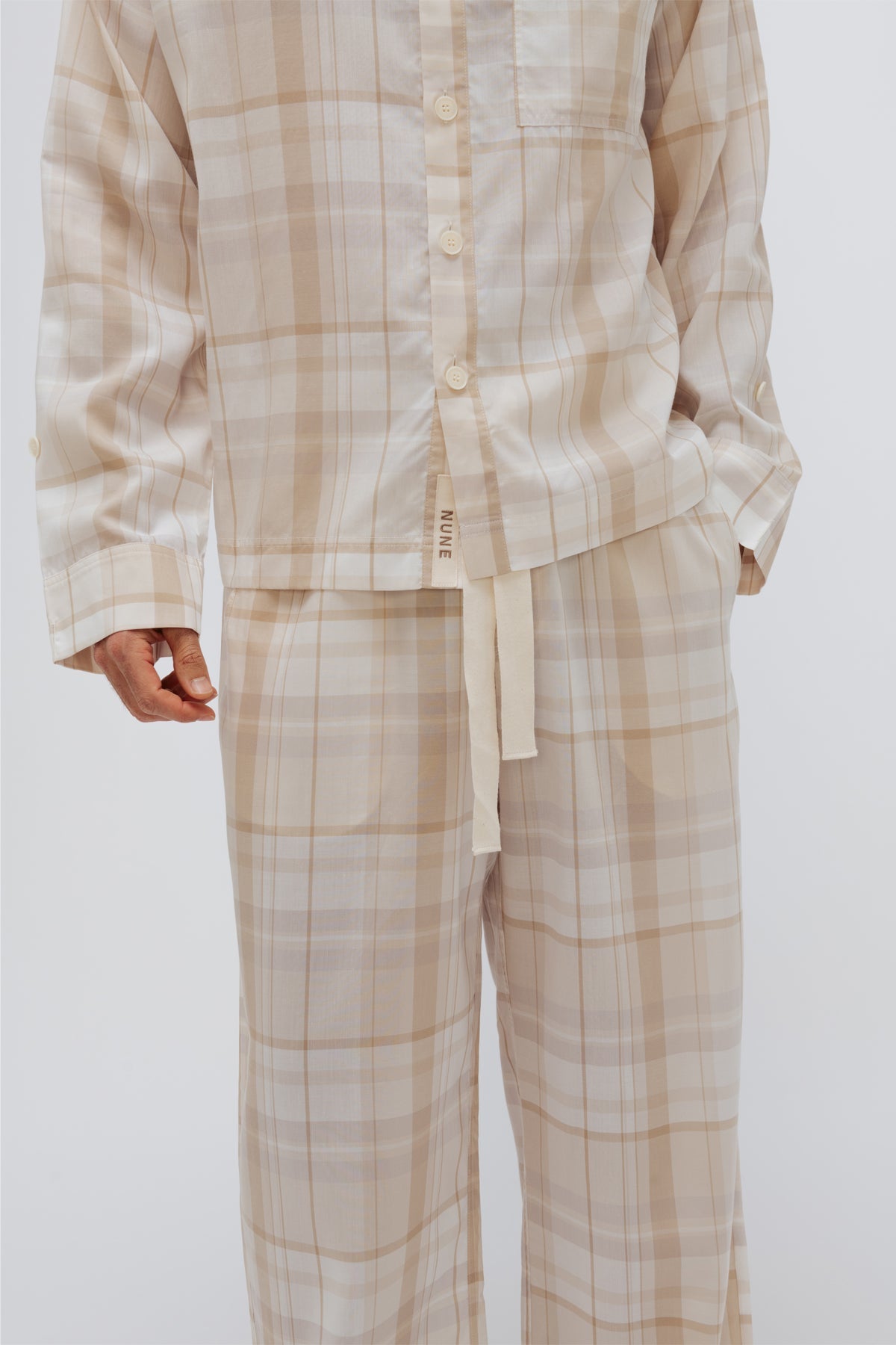 Long Sleeve Sleep Shirt and Long Sleep Pants in Oat Check Macel worn by male model, cropped front view