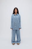 Long Sleeve Sleep Shirt and Long Sleep Pants in Daybreak Stripe Macel with adjustable lengths worn by female model, front view
