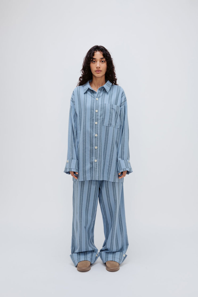 Long Sleeve Sleep Shirt and Long Sleep Pants in Daybreak Stripe Flannel with adjustable lengths worn by female model, front view