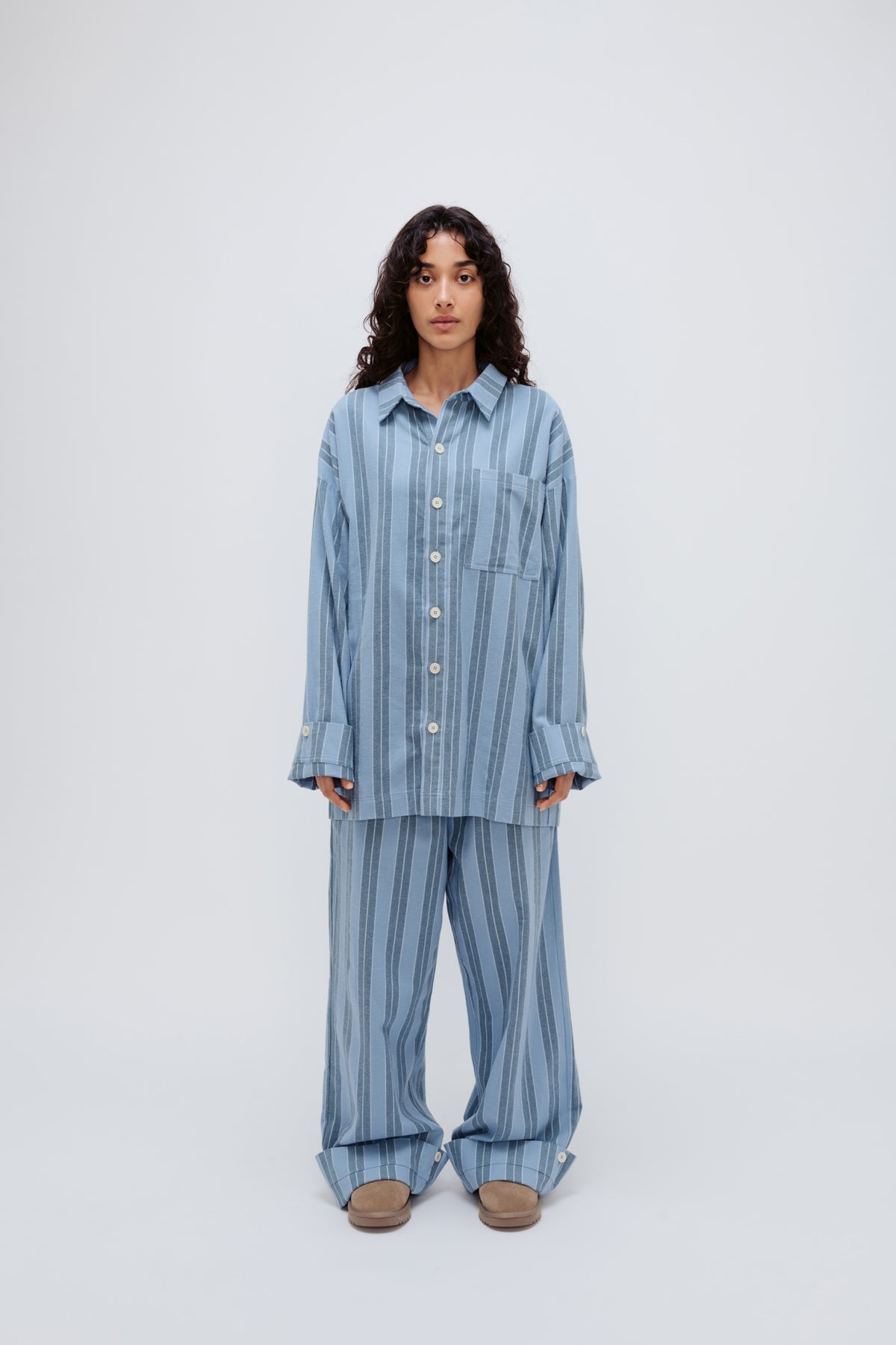 Long Sleeve Sleep Shirt and Long Sleep Pants in Daybreak Stripe Flannel with adjustable lengths worn by female model, front view
