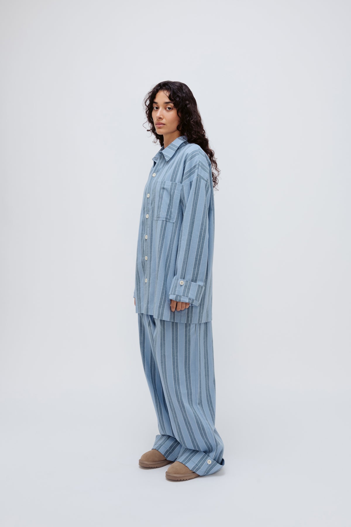 Long Sleeve Sleep Shirt and Long Sleep Pants in Daybreak Stripe Flannel worn by female model, side view