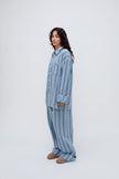 Long Sleeve Sleep Shirt and Long Sleep Pants in Daybreak Stripe Flannel with adjustable lengths worn by female model, front side view