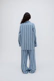 Long Sleeve Sleep Shirt and Long Sleep Pants in Daybreak Stripe Macel with adjustable lengths worn by female model, back view