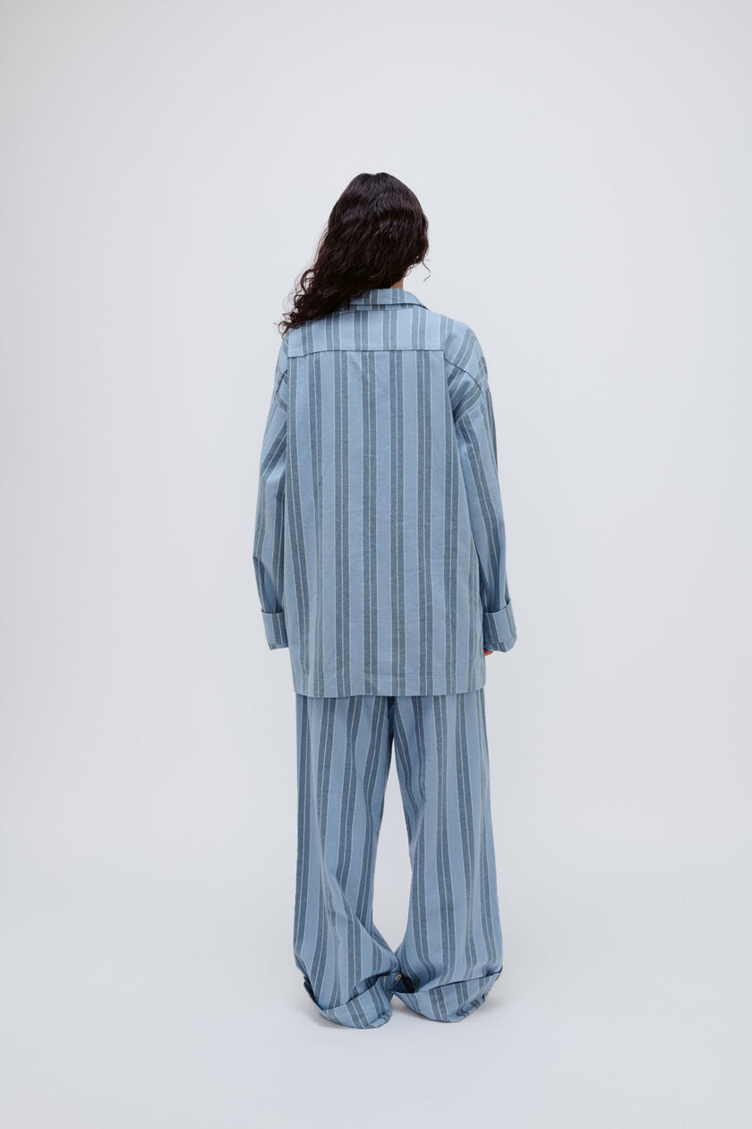 Long Sleeve Sleep Shirt and Long Sleep Pants in Daybreak Stripe Macel with adjustable lengths worn by female model, back view