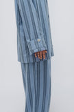 Close up of button-up cuff feature on Blue Daybreak Stripe Flannel Long Sleeve Sleep Shirt and Pants 