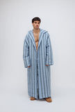 Long Doona Robe in Daybreak Stripe worn by male model front view showing super long length of robe