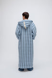 Long Doona Robe in Daybreak Stripe and Cosy Pant in Noon worn by male model back view showing hood of robe