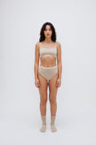 Square Neck Bralette in latte silky-soft micromodal blend worn with women's latte high waisted briefs by female model, front view