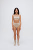 Square Neck Bralette in latte silky-soft micromodal blend worn with women's latte high waisted briefs by female model, front view