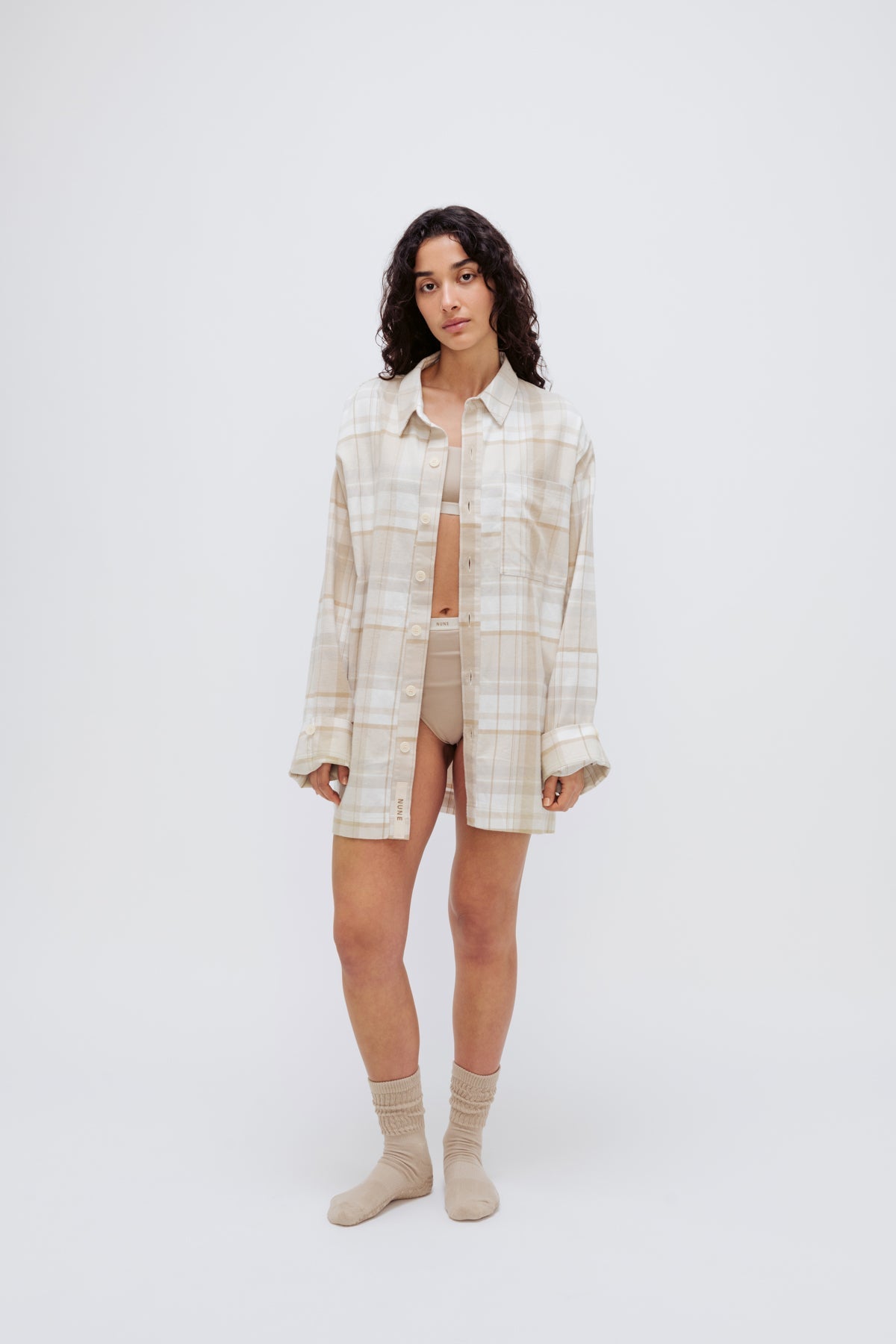 Long Sleeve Sleep Shirt Flannel in Oat Check over High Waist Brief and Square Neck Bralette in Latte by female model, front view