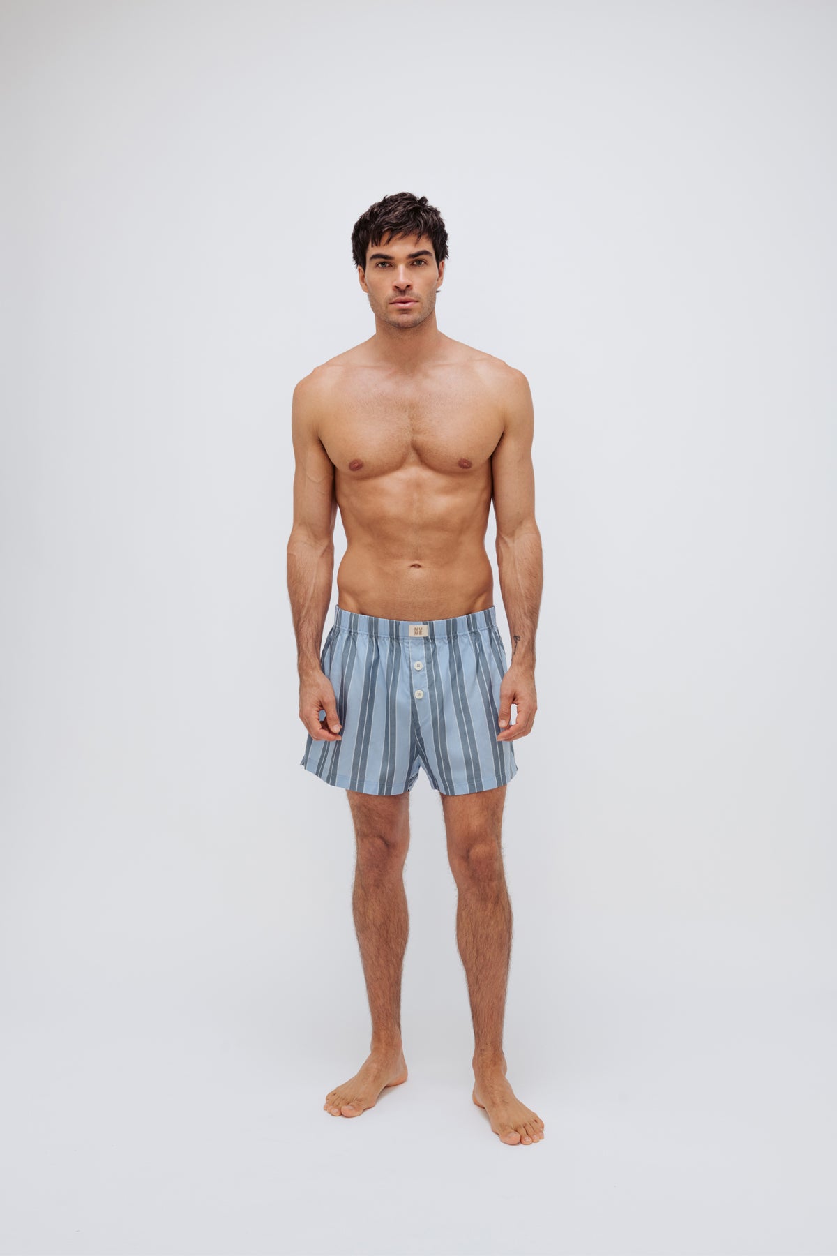 Boxer Short in Daybreak Stripe worn by male model full length front view