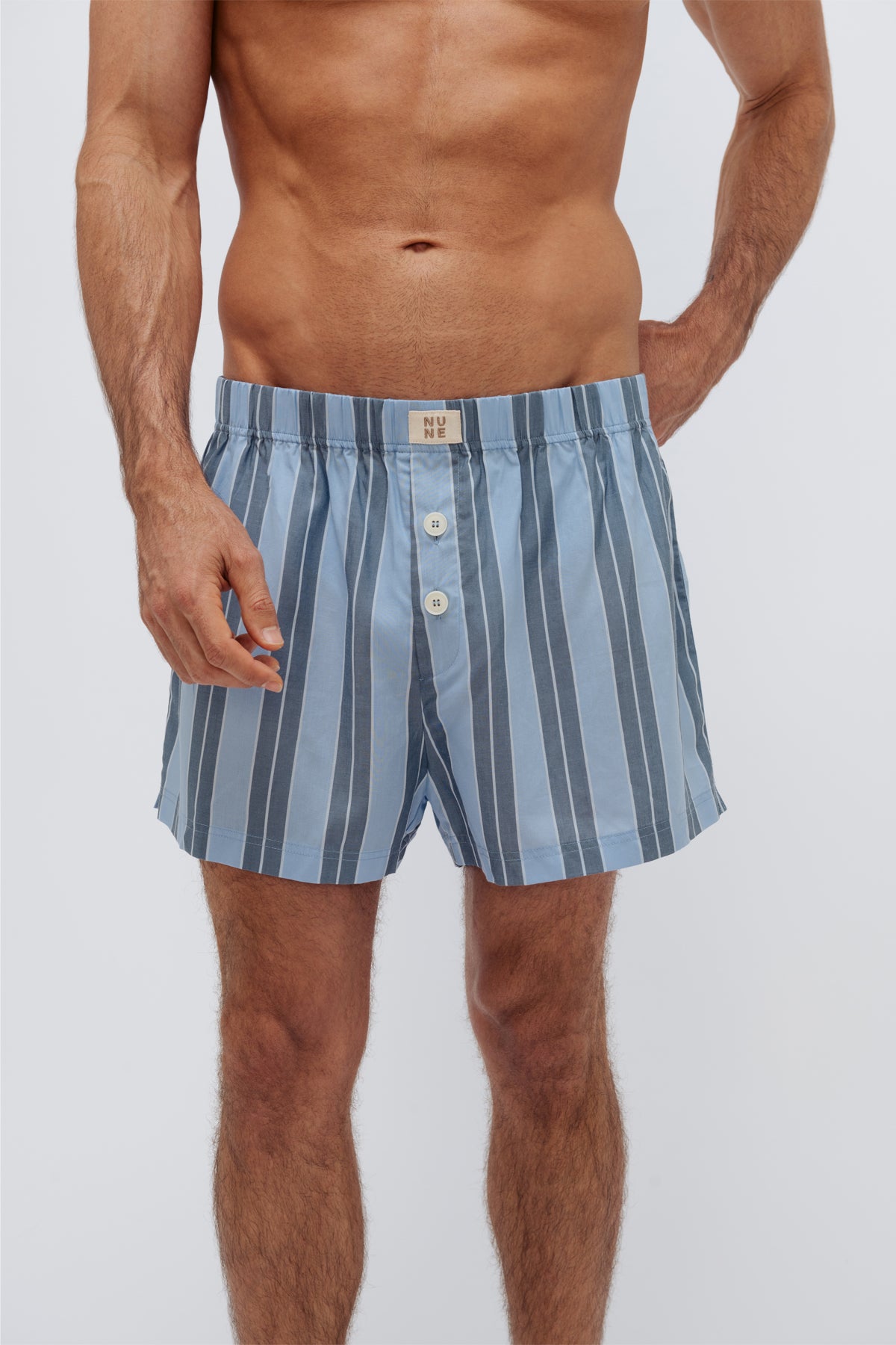 Boxer Short in Daybreak Stripe close up on male model