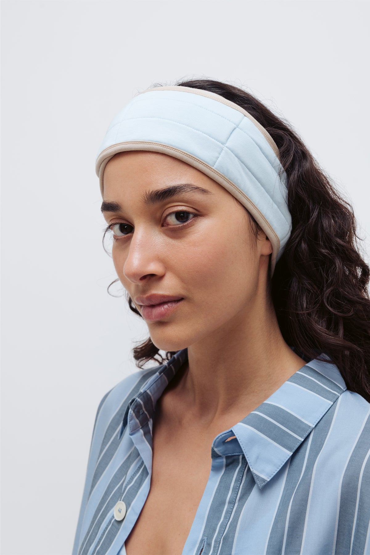 Long Sleeve Sleep Shirt in Daybreak Stripe Macel worn by female model, with daybreak padded, adjustable headband