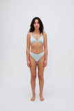 Triangle Bralette in daybreak silky-soft micromodal blend worn with women's daybreak g string by female model, front view