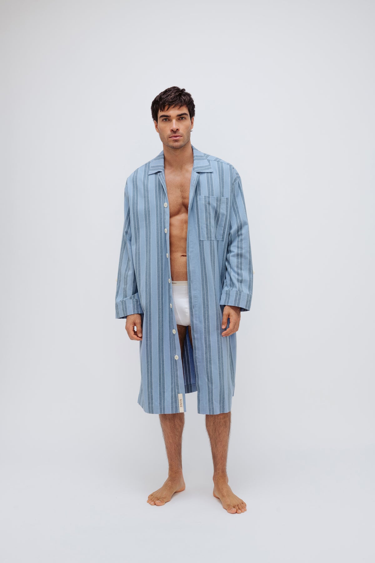 Blue Daybreak Stripe Long House Shirt in Brushed Cotton Flannel worn by male model over men's original briefs in white 