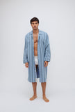 Blue Daybreak Stripe Long House Shirt in Brushed Cotton Flannel worn by male model over men's original briefs in white 