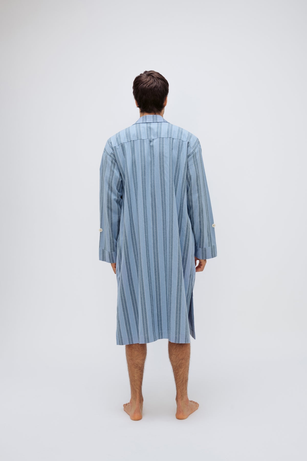 Back view of Blue Daybreak Stripe Long House Shirt in Brushed Cotton Flannel worn by male model