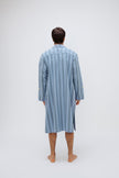Back view of Blue Daybreak Stripe Long House Shirt in Brushed Cotton Flannel worn by male model