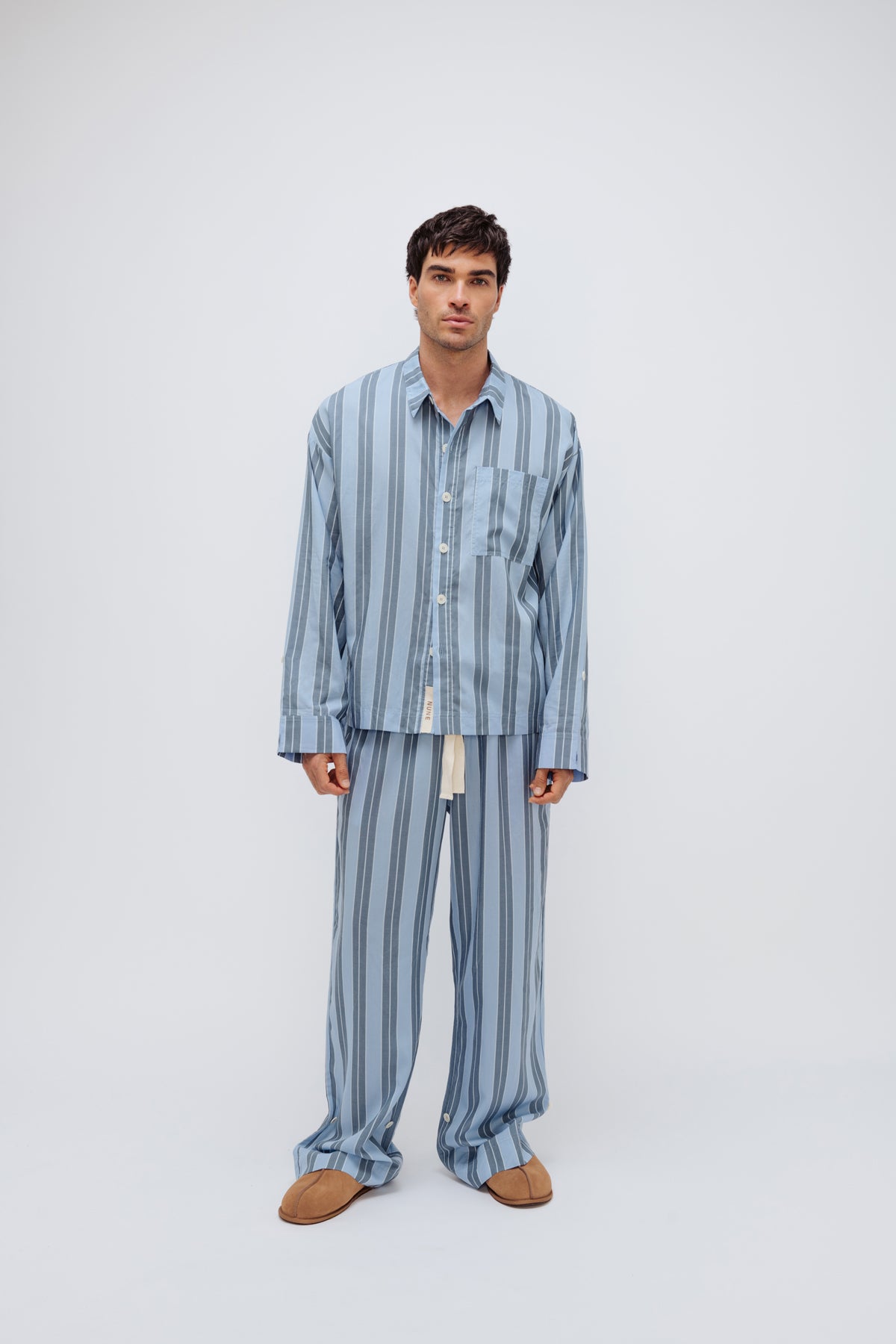 Blue Daybreak Stripe Long Sleeve Sleep Shirt and Pants in Macel worn by male model - facing front