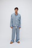 Blue Daybreak Stripe Long Sleeve Sleep Shirt and Pants in Macel worn by male model - facing front