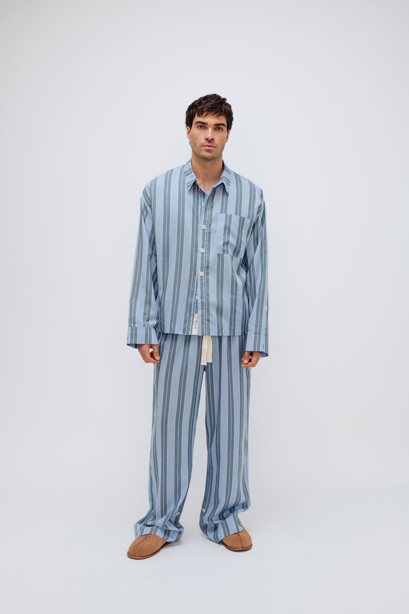 Blue Daybreak Stripe Long Sleeve Sleep Shirt and Pants in Macel worn by male model - facing front