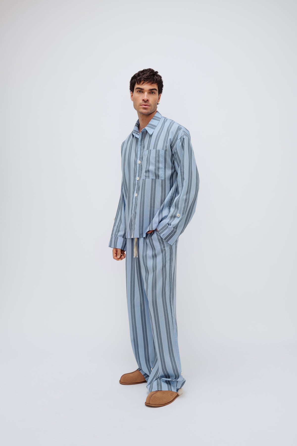 Blue Daybreak Stripe Long Sleeve Sleep Shirt and Pants in Macel worn by male model - front view