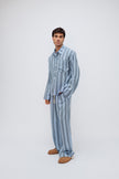 Blue Daybreak Stripe Long Sleeve Sleep Shirt and Pants in Macel worn by male model - front view
