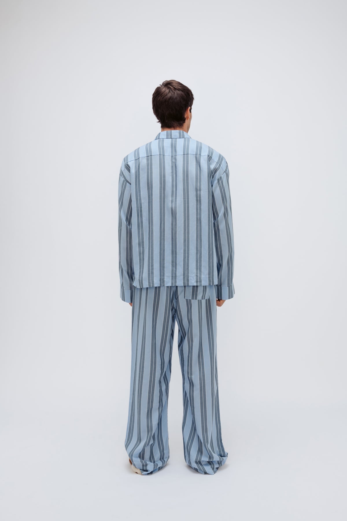 Blue Daybreak Stripe Long Sleeve Sleep Shirt and Pants in Macel worn by male model, back view