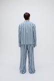 Blue Daybreak Stripe Long Sleeve Sleep Shirt and Pants in Macel worn by male model, back view