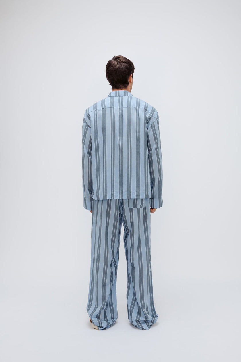 Blue Daybreak Stripe Long Sleeve Sleep Shirt and Pants in Macel worn by male model, back view