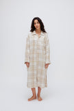 Oat Check House Shirt worn by female model, standing front view showing adjustable sleeve lengths